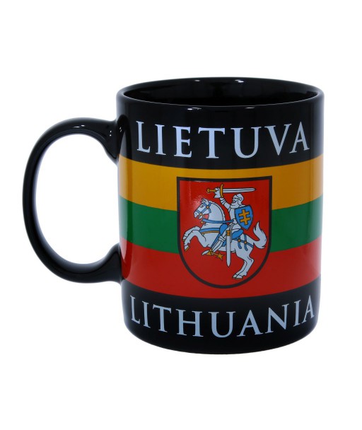 Juodas porcelianinis puodelis su Vyčiu ir Lietuvos vėliava